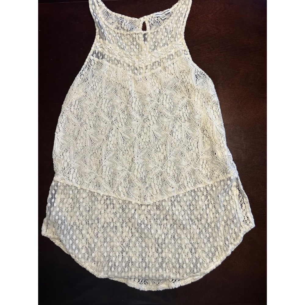 American Eagle Tank Top Womens Medium Cream Lace Sleeveless High Low Boho Mesh
